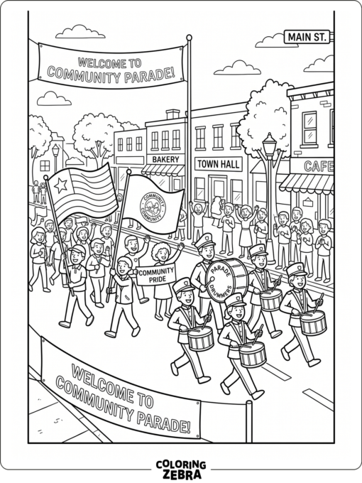 Community parade with marchers, drums, and flags