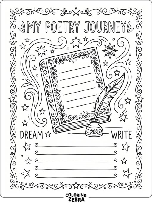 Notebook page with a quill and decorative stars