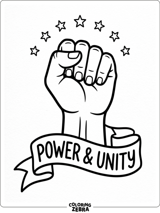 Raised fist with a ribbon banner and stars