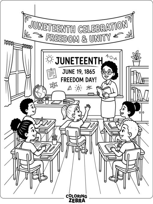 Classroom with students, a teacher, and a Juneteenth banner