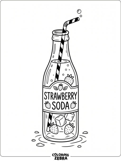 Strawberry soda bottle with a straw and ice cubes