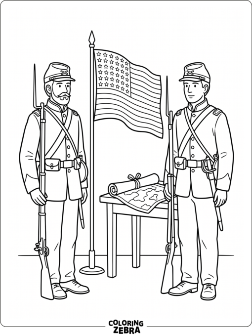 Union soldiers beside a flag and map