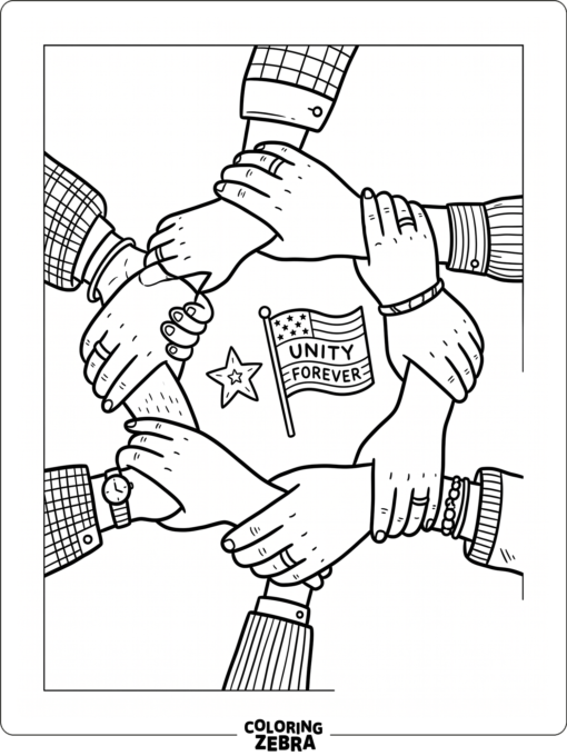 Joined hands around a star and small flag
