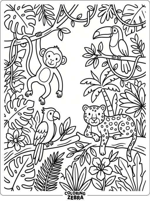 A monkey, parrot, toucan, and leopard in the jungle