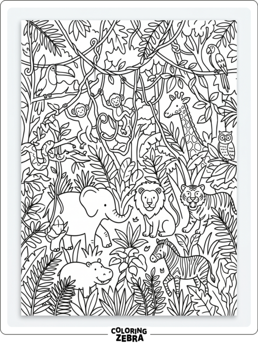 A detailed jungle scene with animals, vines, and leaves