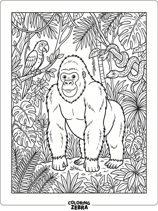 A gorilla near a parrot and snake in jungle plants