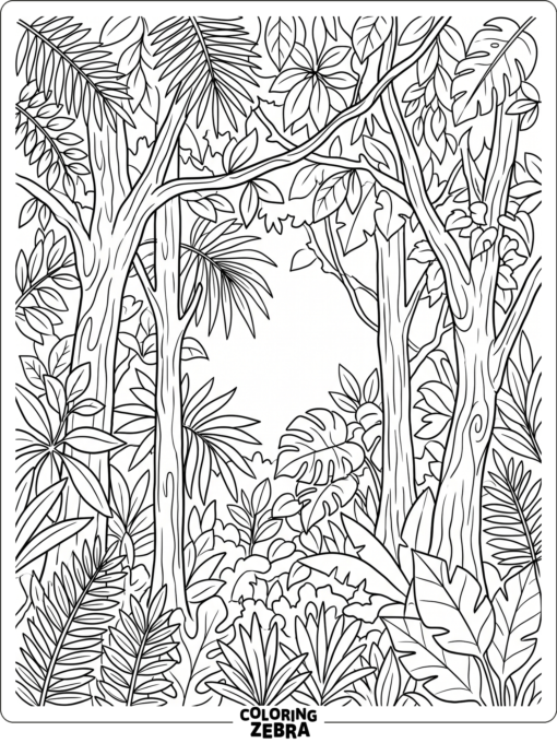 A simple jungle background with leaves and tree trunks