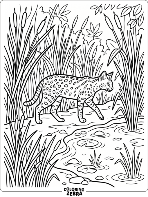A jungle cat walking through reeds
