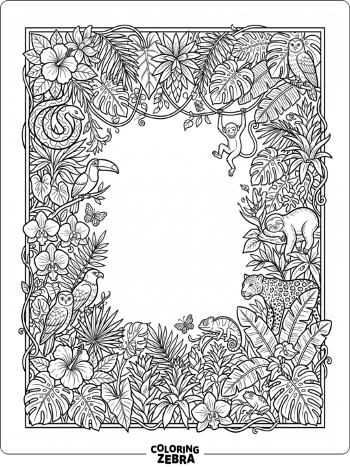 An ornate jungle border with leaves, flowers, and animals