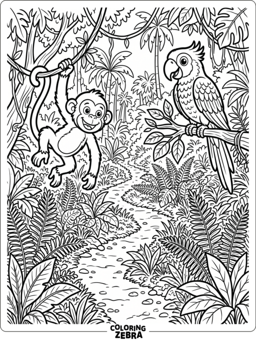A cheerful monkey and parrot on a fern path