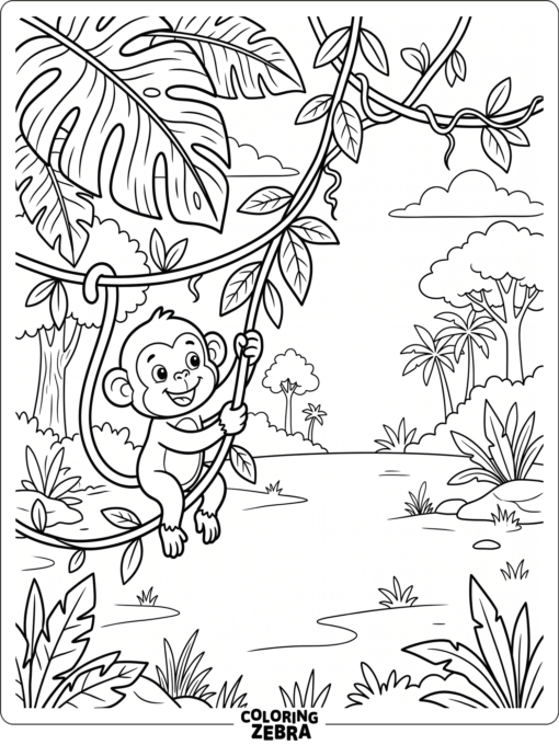 A simple jungle scene with a monkey and large leaves