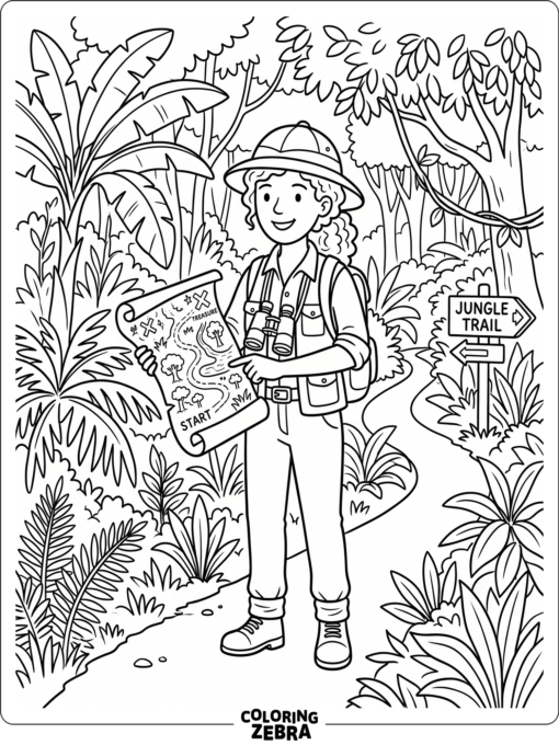 A jungle explorer with binoculars and a map