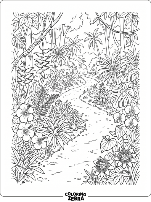 Wild tropical flowers grow beside a winding jungle path