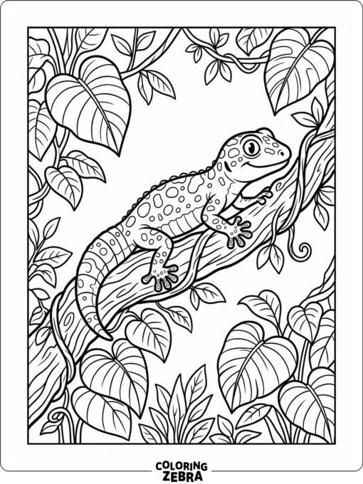 A jungle gecko crawls over a vine with broad leaves