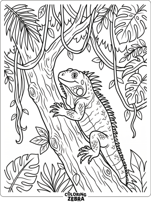 A jungle iguana climbing a tree trunk
