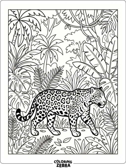 A jaguar walking through tropical plants