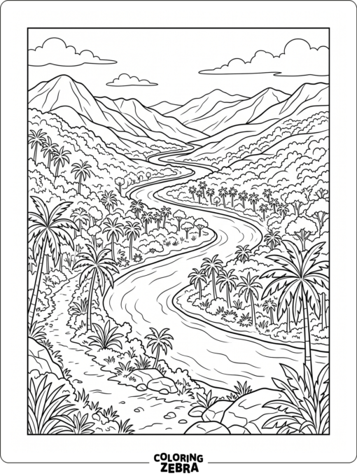 A broad jungle landscape with palms, hills, and a river