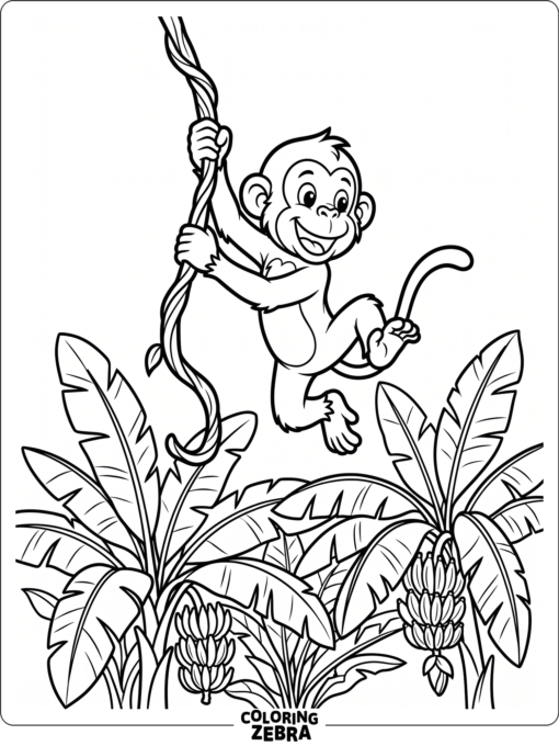 A monkey swinging from a vine above banana leaves