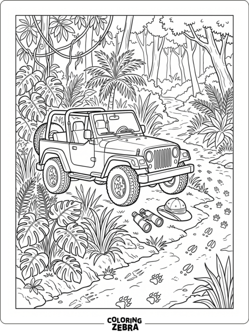 A safari jeep with binoculars and jungle plants
