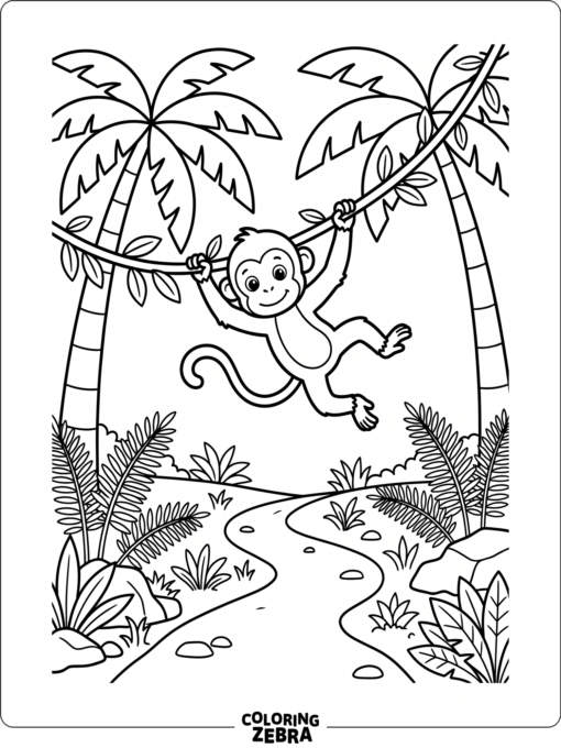 A monkey swinging above a jungle path