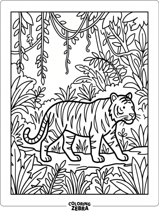 A tiger walking through jungle plants