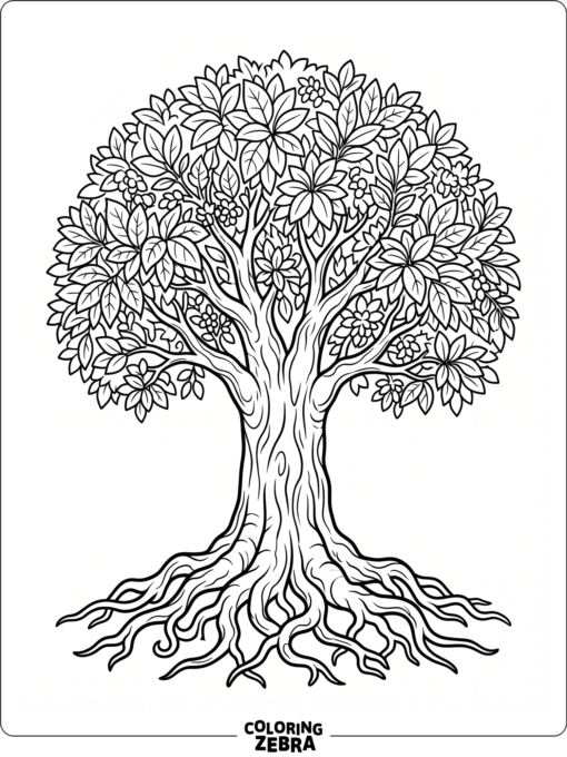 A jungle tree with roots, trunk, and leafy crown