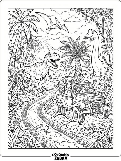 A dinosaur adventure scene with jeep tracks and vines