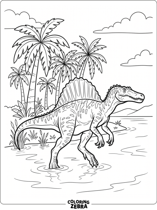 A spinosaurus walking through shallow water