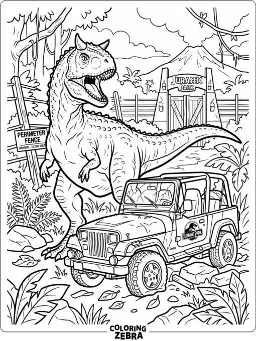 A carnotaurus stands near a broken jeep in a Jurassic Park scene