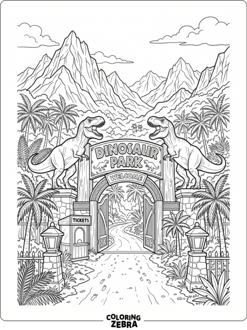 A simple dinosaur park entrance with mountains and palm trees