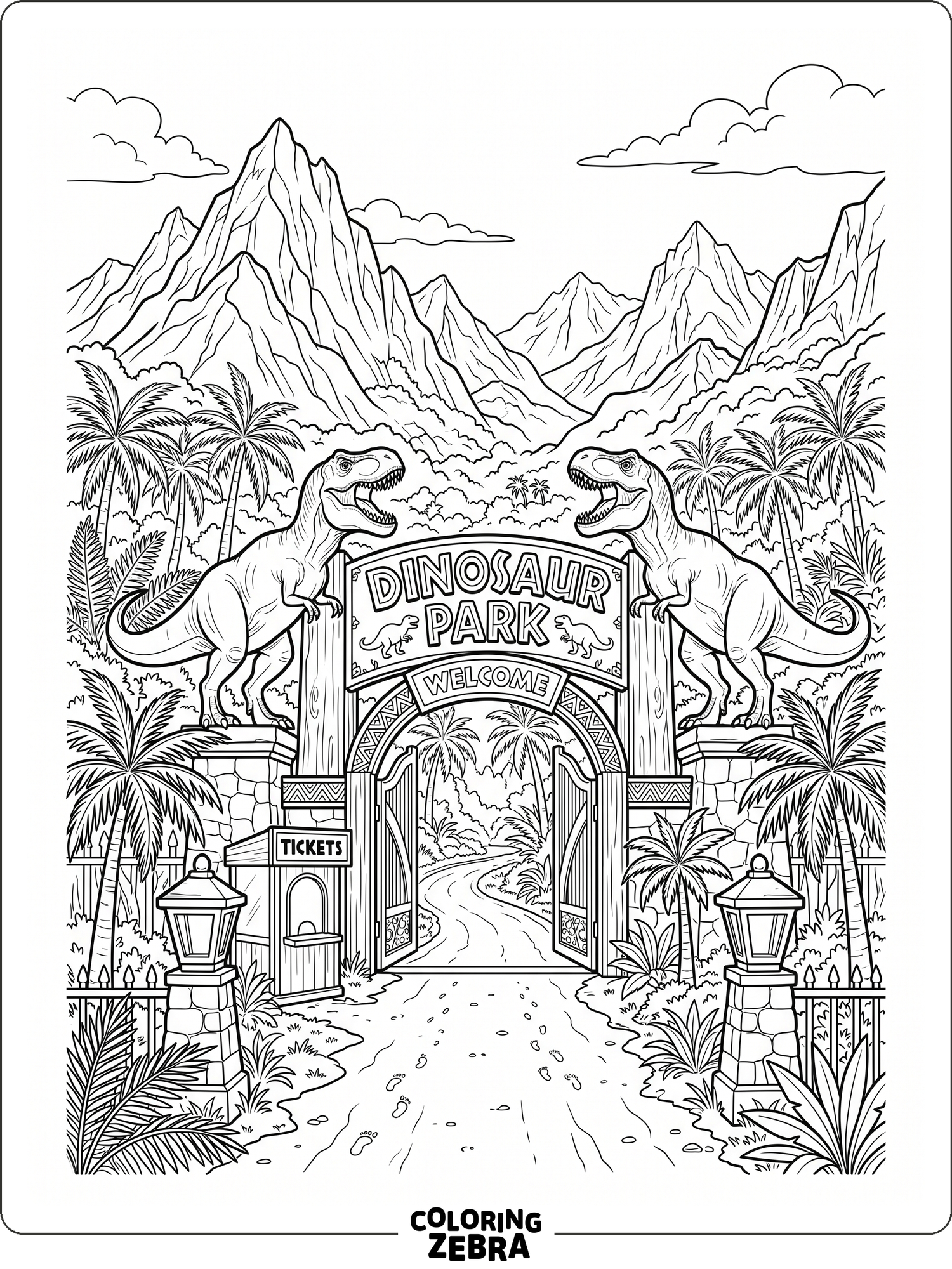 A simple dinosaur park entrance with mountains and palm trees
