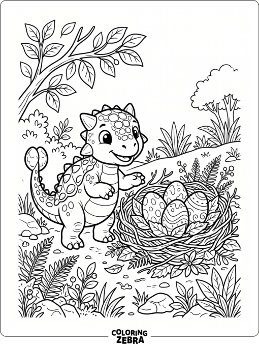 Bumpy the baby dinosaur near a nest and eggs