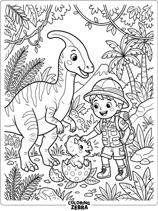A child explorer with a small dinosaur hatchling