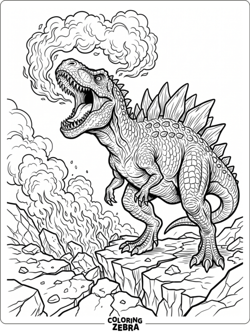 A giant hybrid dinosaur roaring on cracked ground