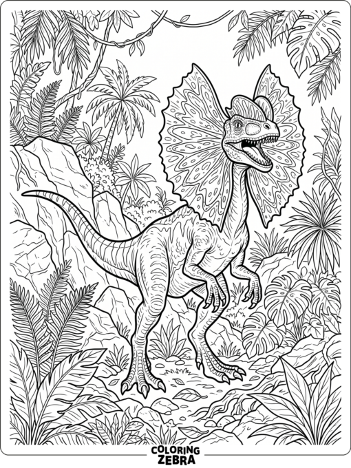 A dilophosaurus with an open frill near rocks