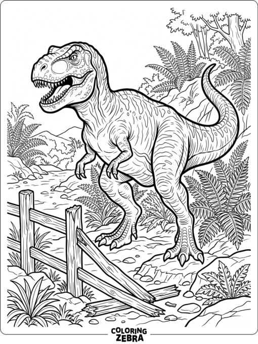 A large dinosaur beside ferns and broken fence posts