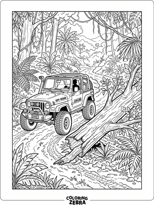 An off road jeep driving past a fallen tree