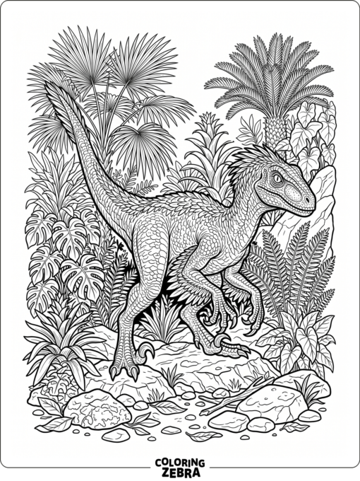 A velociraptor crouching beside tropical plants