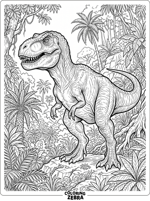 A T rex roaring near a smoking volcano