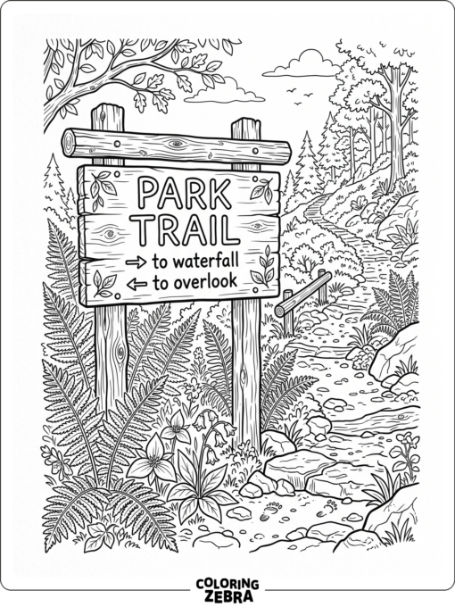A wooden park sign beside ferns and a path