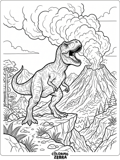 A T rex roaring beside a smoky crater