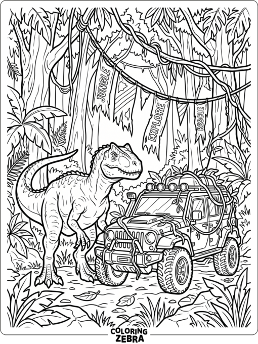 An allosaurus stands near a jeep in a Jurassic World style scene