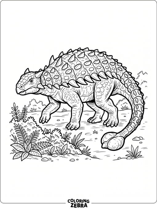An ankylosaurus walking beside small bushes