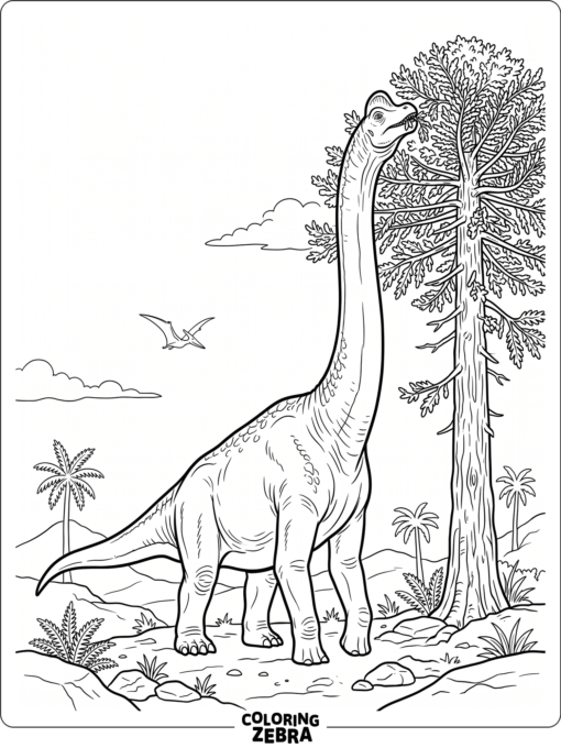 A brachiosaurus eating leaves from a tall tree