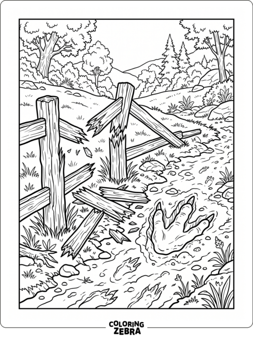 A broken fence with snapped posts and tracks