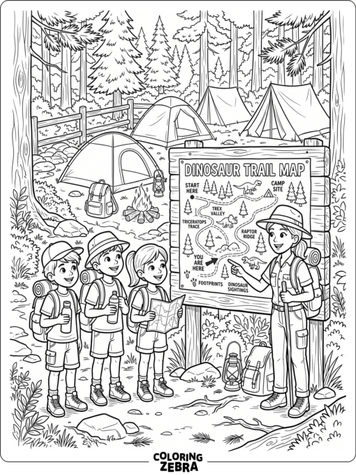Campers at a forest camp with a dinosaur map