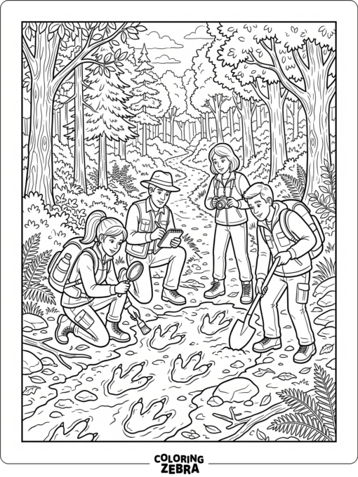 Explorers looking at dinosaur tracks on a forest trail