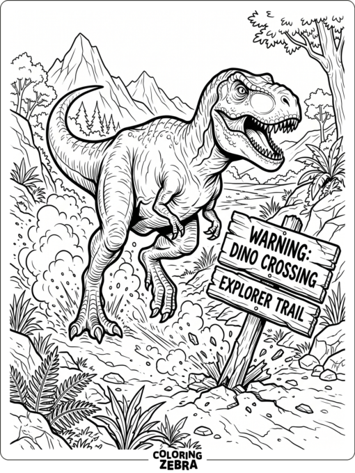 A dinosaur running past a fallen sign