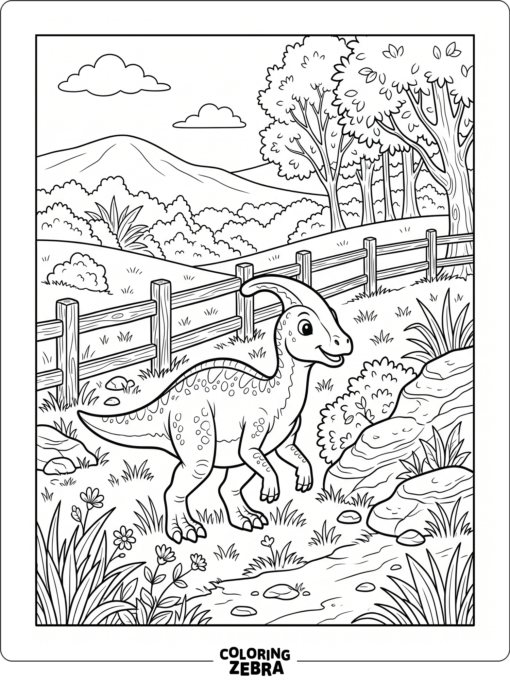 A young dinosaur in a park habitat with rocks and grass