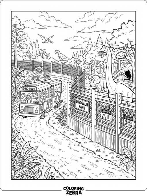 A dinosaur park path with a tram and tall fence